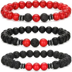 3 Pack Mens Beaded Bracelets Matte Lava Rock Volcanic Stone Beads Bracelet Red